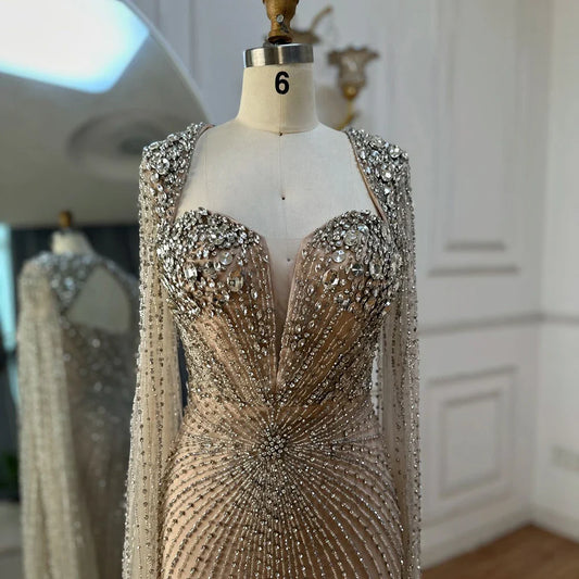 Luxus Dubai Silber Nude Cape Ärmel Perlen Abendkleid LA72575