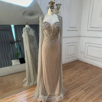Luxury Dubai Silver Nude Cape Sleeves Beaded Evening Dress LA72575
