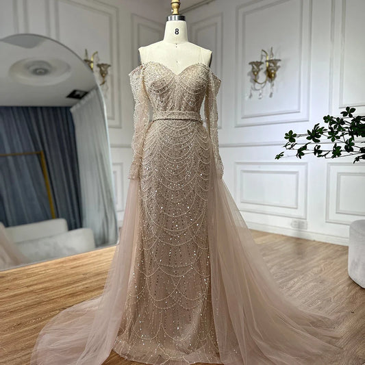 Luxury Dubai  Nude Mermaid Arabia Beaded Evening Dress Gown with Detachable Skirt for Formal Occasion  LA72243A