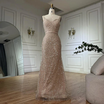 Luxury Dubai  Nude Spaghetti Strap Beaded Mermaid Gown with Detachable Long Sleeve Jacket for Formal Occasion LA72160C