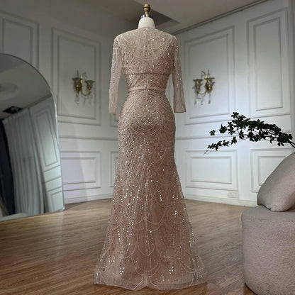 Luxury Dubai  Nude Spaghetti Strap Beaded Mermaid Gown with Detachable Long Sleeve Jacket for Formal Occasion LA72160C