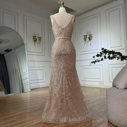 Luxury Dubai  Nude Spaghetti Strap Beaded Mermaid Gown with Detachable Long Sleeve Jacket for Formal Occasion LA72160C