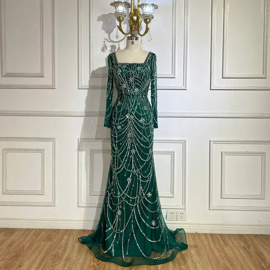 Serene Hill Dark Green Mermaid Dress Crystal Beaded Arabic Evening Gown for Women Perfect for Weddings and Parties 2025 LA72242