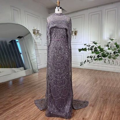 Luxury Designer Pearls Green Evening Dresses with Cape LA72032