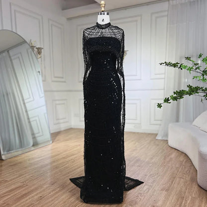Luxury Designer Pearls Green Evening Dresses with Cape LA72032