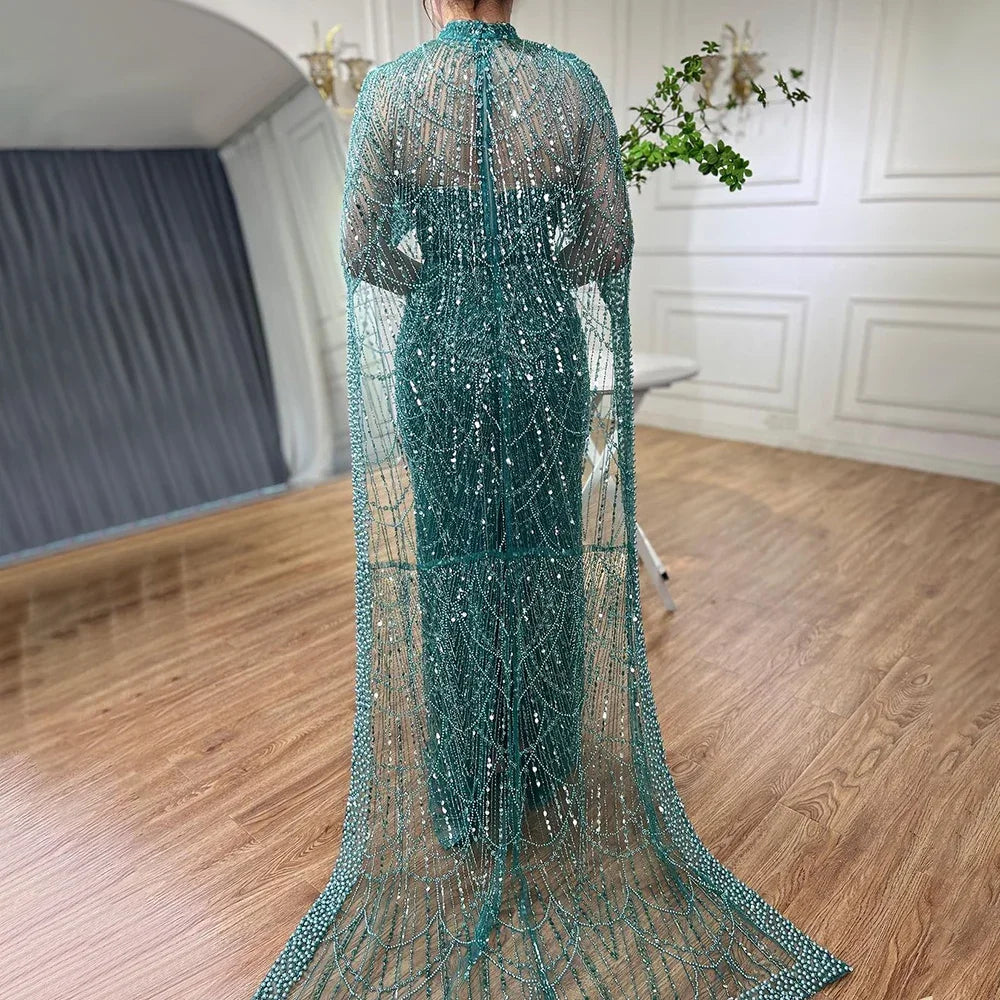 Luxury Designer Pearls Green Evening Dresses with Cape LA72032
