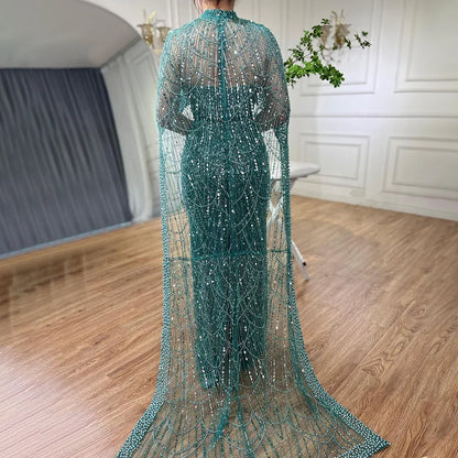 Luxury Designer Pearls Green Evening Dresses with Cape LA72032