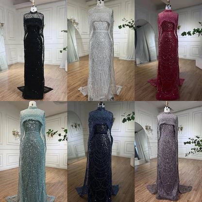 Luxury Designer Pearls Green Evening Dresses with Cape LA72032