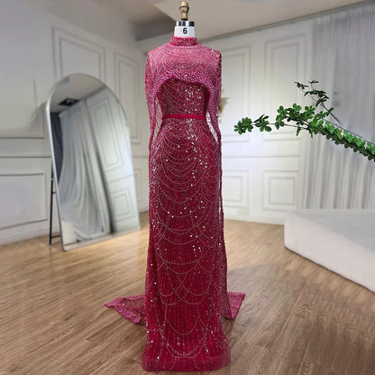 Luxury Designer Pearls Green Evening Dresses with Cape LA72032