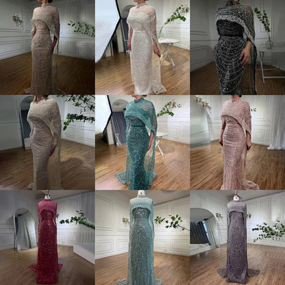 Luxury Designer Pearls Green Evening Dresses with Cape LA72032