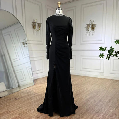 Luxury Black Satin Long Sleeves Mermaid Evening Dress LA72476