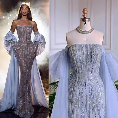 Luxury Dubai Arabic Blue Mermaid Balloon Sleeves Beaded Evening Dresses LA71823