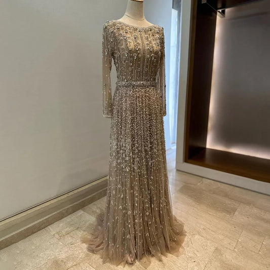 Dubai Designer Luxury Nude A-Line Beaded Evening Dress LA72088
