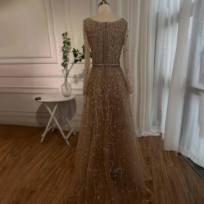 Dubai Designer Luxury Nude A-Line Beaded Evening Dress LA72088