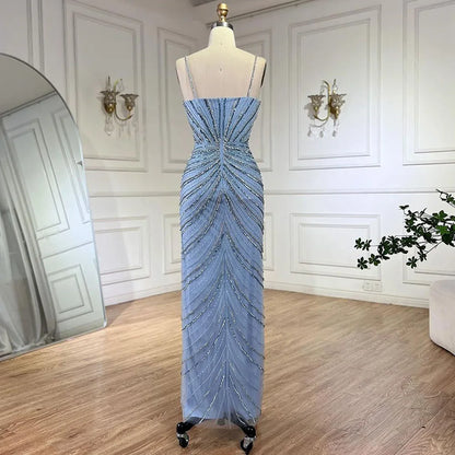 Serene Hill Dubai Blue Spaghetti Strap Mermaid Split Beaded Luxury Evening Dresses Gowns for Women Wedding Party 2025 LA72439