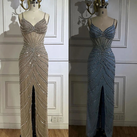 Serene Hill Dubai Blue Spaghetti Strap Mermaid Split Beaded Luxury Evening Dresses Gowns for Women Wedding Party 2025 LA72439