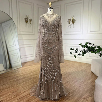 Serene Hill Dubai Gray Elegant Mermaid Beaded Lace Arabic Luxury Evening Dresses Gowns 2025 for Women Wedding Party LA72517