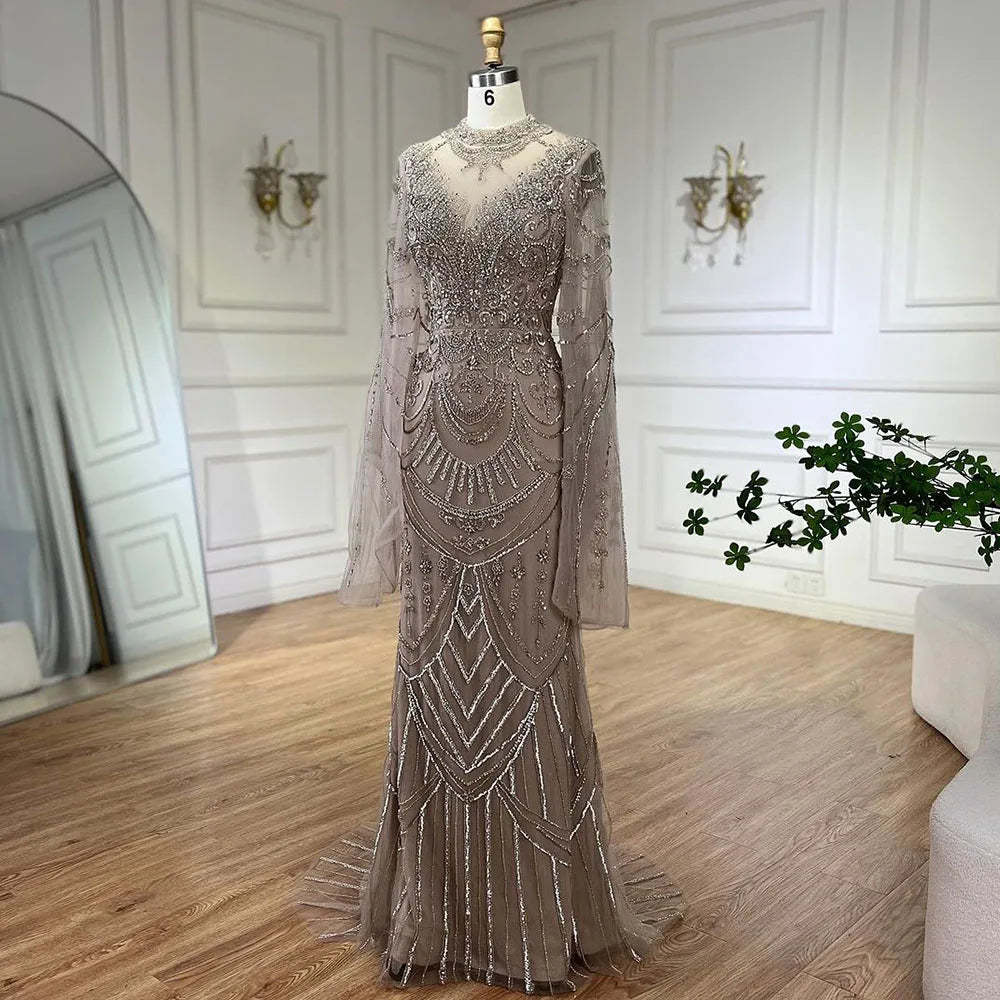 Serene Hill Dubai Gray Elegant Mermaid Beaded Lace Arabic Luxury Evening Dresses Gowns 2025 for Women Wedding Party LA72517