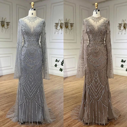 Serene Hill Dubai Gray Elegant Mermaid Beaded Lace Arabic Luxury Evening Dresses Gowns 2025 for Women Wedding Party LA72517