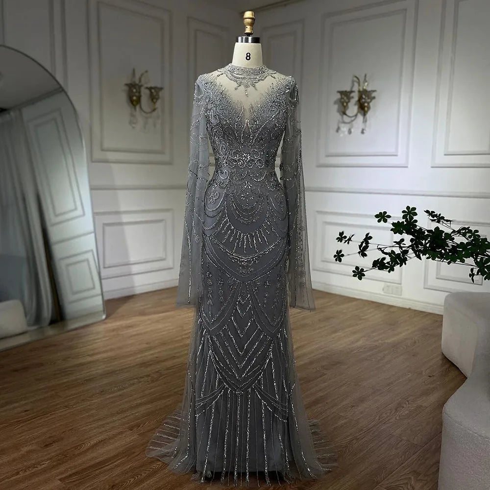 Serene Hill Dubai Gray Elegant Mermaid Beaded Lace Arabic Luxury Evening Dresses Gowns 2025 for Women Wedding Party LA72517