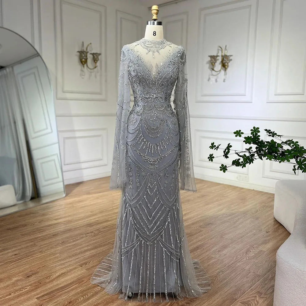 Serene Hill Dubai Gray Elegant Mermaid Beaded Lace Arabic Luxury Evening Dresses Gowns 2025 for Women Wedding Party LA72517
