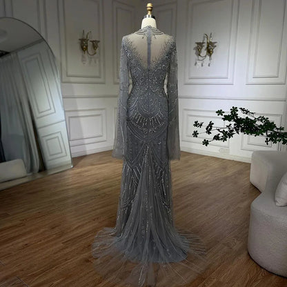 Serene Hill Dubai Gray Elegant Mermaid Beaded Lace Arabic Luxury Evening Dresses Gowns 2025 for Women Wedding Party LA72517