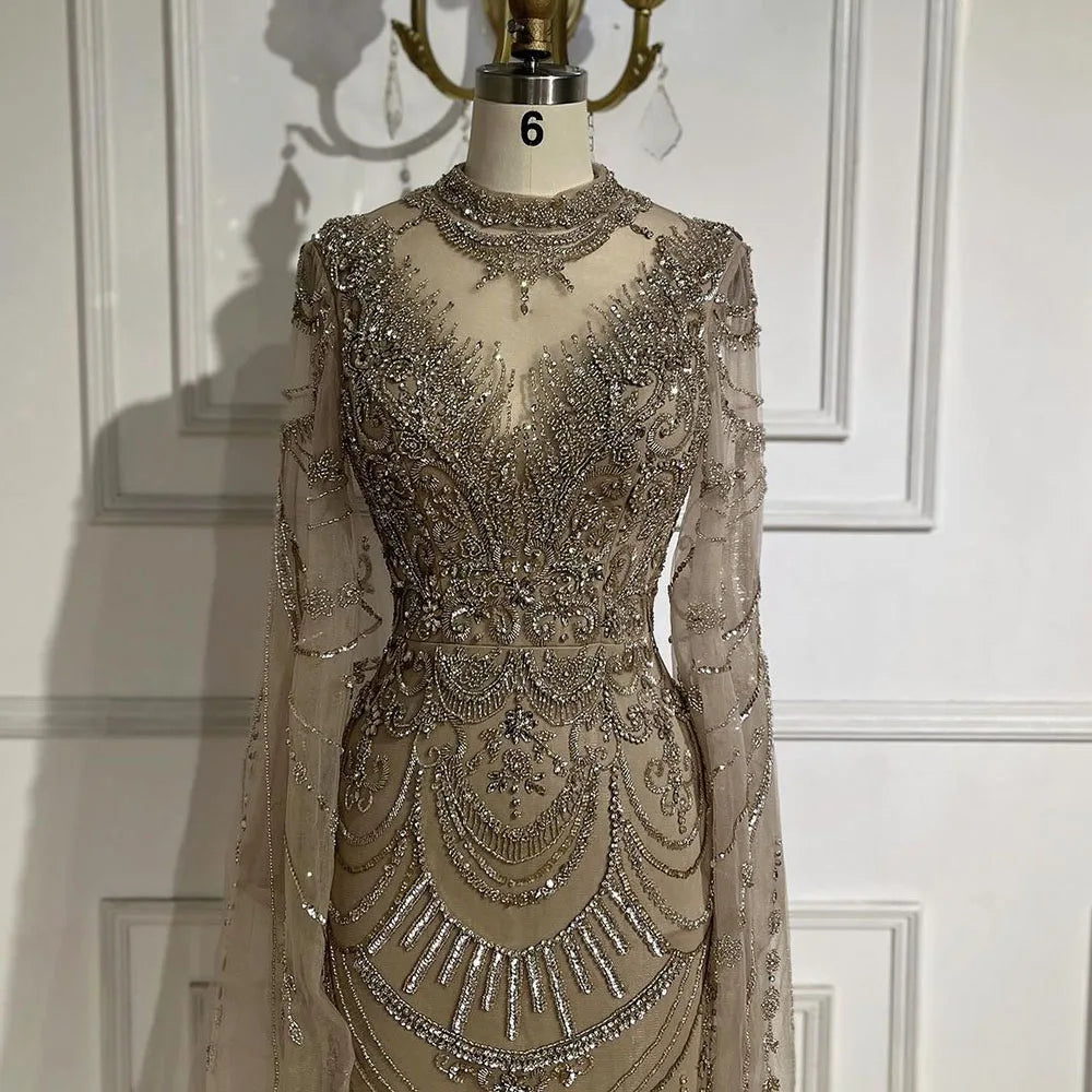 Serene Hill Dubai Gray Elegant Mermaid Beaded Lace Arabic Luxury Evening Dresses Gowns 2025 for Women Wedding Party LA72517