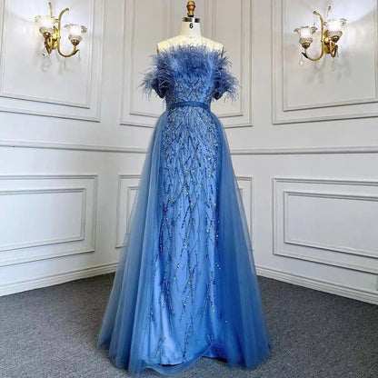 Dubai Luxury Beaded Blue Mermaid Evening Dress Gown with Overskirt LA71634