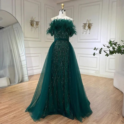 Dubai Luxury Beaded Blue Mermaid Evening Dress Gown with Overskirt LA71634
