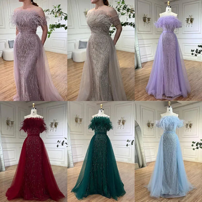Dubai Luxury Beaded Blue Mermaid Evening Dress Gown with Overskirt LA71634