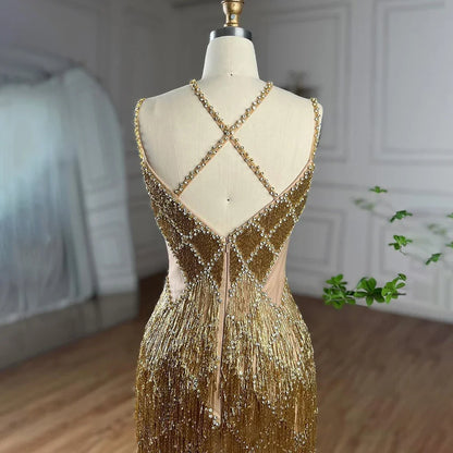 Luxury Gold Luxury Beaded Tassel Spaghetti Strap Mermaid Dress LA72280