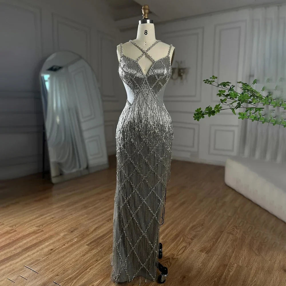 Luxury Gold Luxury Beaded Tassel Spaghetti Strap Mermaid Dress LA72280