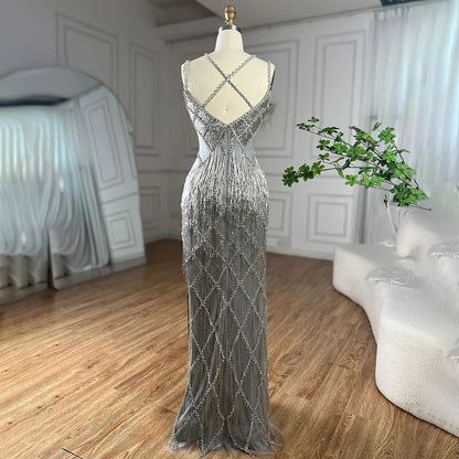 Luxury Gold Luxury Beaded Tassel Spaghetti Strap Mermaid Dress LA72280