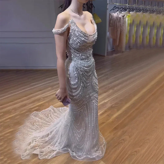 Luxus Kristall Silber Grau Perlen Perlen Abendkleid LA72253