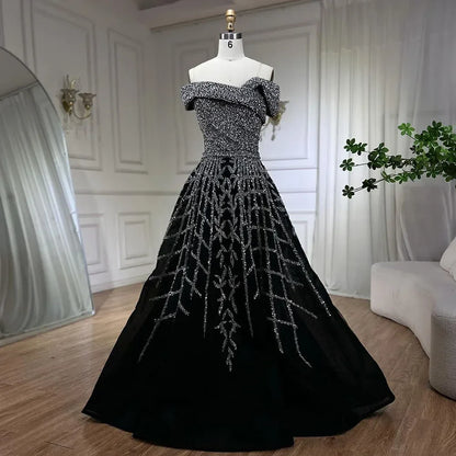 Serene Hill Elegant Black Beaded A-Line Evening Gown 2025 - Off-Shoulder Luxury Dress for Women - Long Party Dress LA72224
