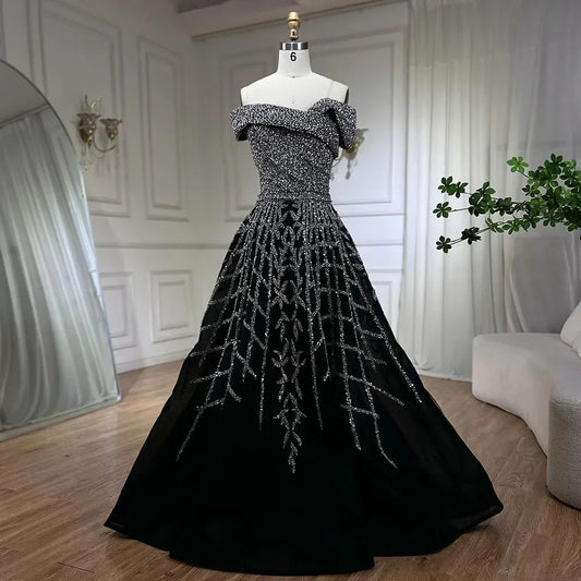 Serene Hill Elegant Black Beaded A-Line Evening Gown 2025 - Off-Shoulder Luxury Dress for Women - Long Party Dress LA72224