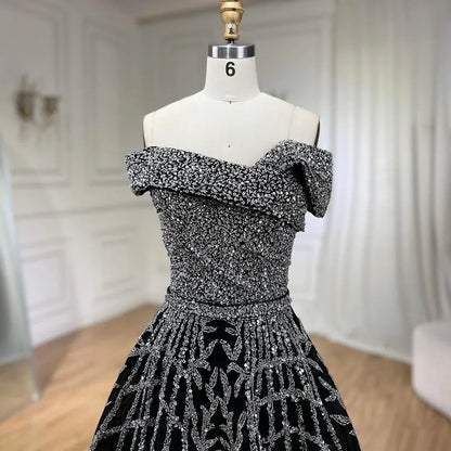 Serene Hill Elegant Black Beaded A-Line Evening Gown 2025 - Off-Shoulder Luxury Dress for Women - Long Party Dress LA72224