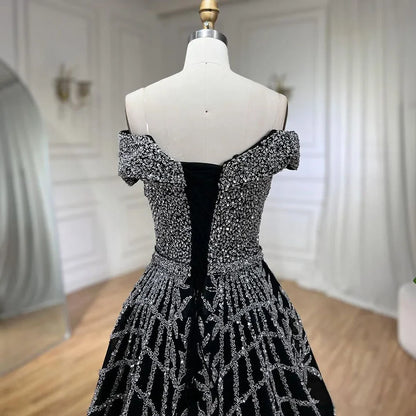 Serene Hill Elegant Black Beaded A-Line Evening Gown 2025 - Off-Shoulder Luxury Dress for Women - Long Party Dress LA72224
