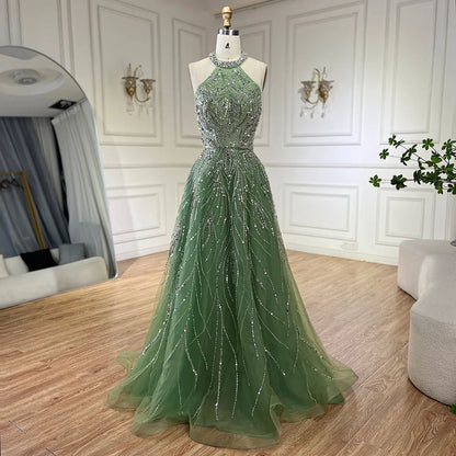 Serene Hill Elegant Blue Arabic A-line Halter Gown Luxury Dubai Evening Dress for Women Wedding Party 2025 LA72302