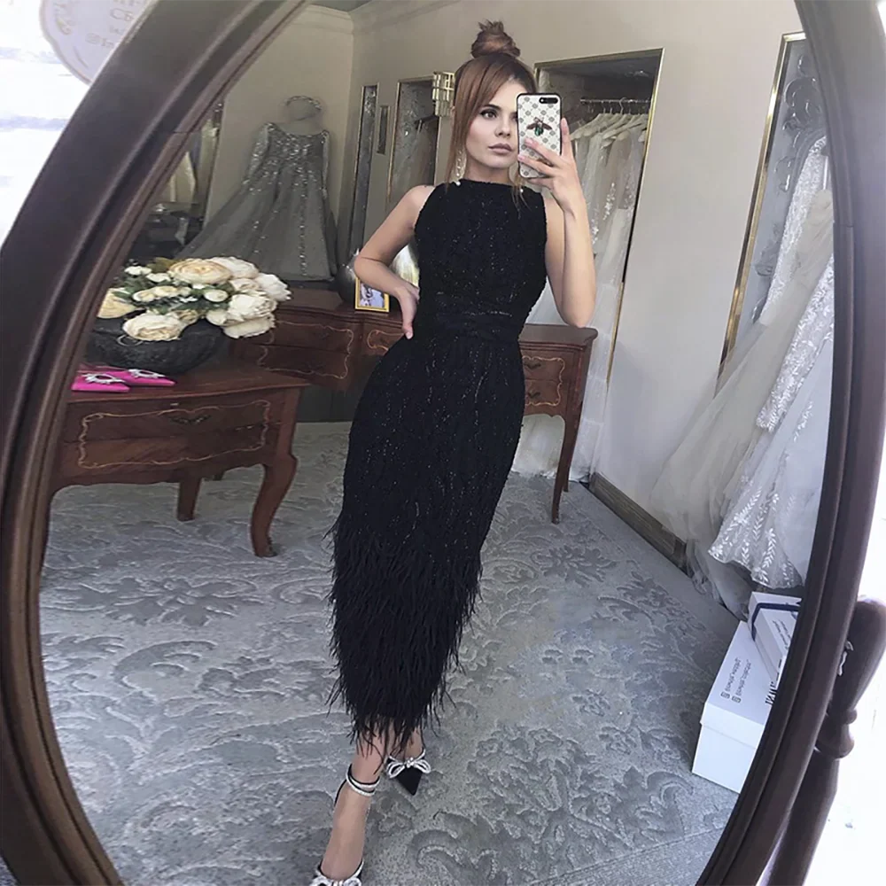 Elegant Arabic  Black & White Feather  Midi  Evening Dresses  LA72076