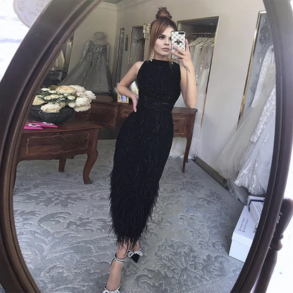 Elegant Arabic  Black & White Feather  Midi  Evening Dresses  LA72076