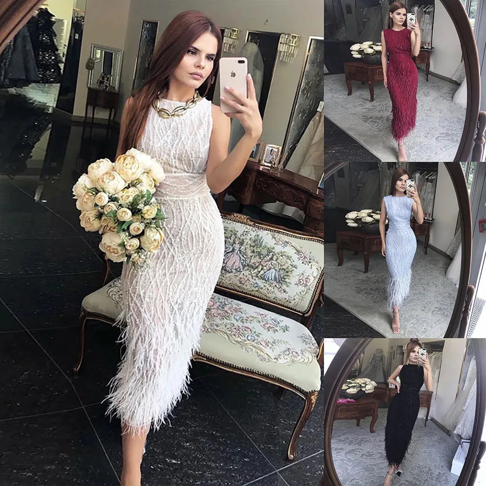 Elegant Arabic  Black & White Feather  Midi  Evening Dresses  LA72076