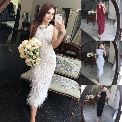 Elegant Arabic  Black & White Feather  Midi  Evening Dresses  LA72076