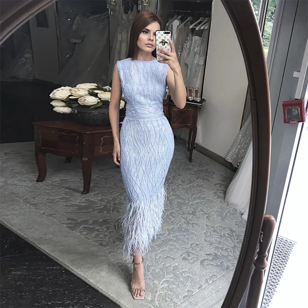 Elegant Arabic  Black & White Feather  Midi  Evening Dresses  LA72076