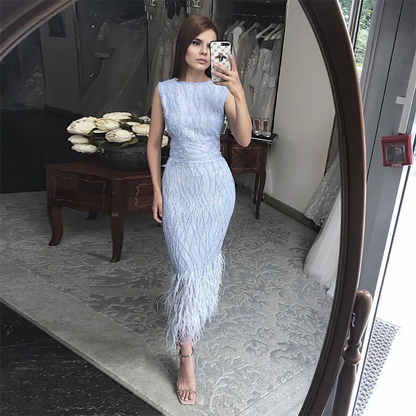 Elegant Arabic  Black & White Feather  Midi  Evening Dresses  LA72076