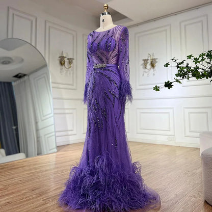 Serene Hill Elegant Mermaid Evening Dress Arabic Purple Beaded Feathers | Luxury Gown for Women's Wedding Party  LA72367
