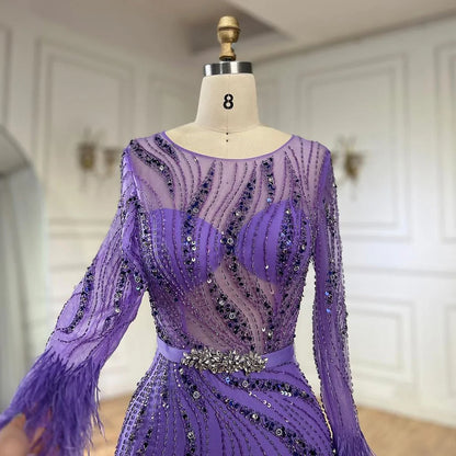 Serene Hill Elegant Mermaid Evening Dress Arabic Purple Beaded Feathers | Luxury Gown for Women's Wedding Party  LA72367