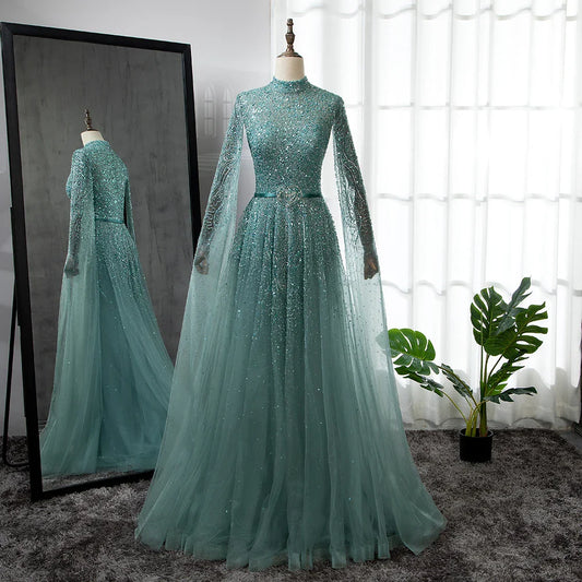 Serene Hill Gold A-Linie Cape-Ärmel High Neck Luxus Perlen Abendkleider Kleider Für Frau Party Plus Größe LA70066B 