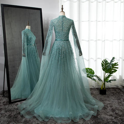 Serene Hill Gold A-Line Cape Sleeves High Neck Luxury Beaded Evening Dresses Gowns  For Woman Party Plus Size LA70066B