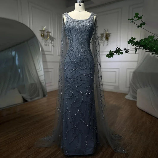 Caramel Mermaid Beaded Evening Dress with Cape Sleeves LA72149